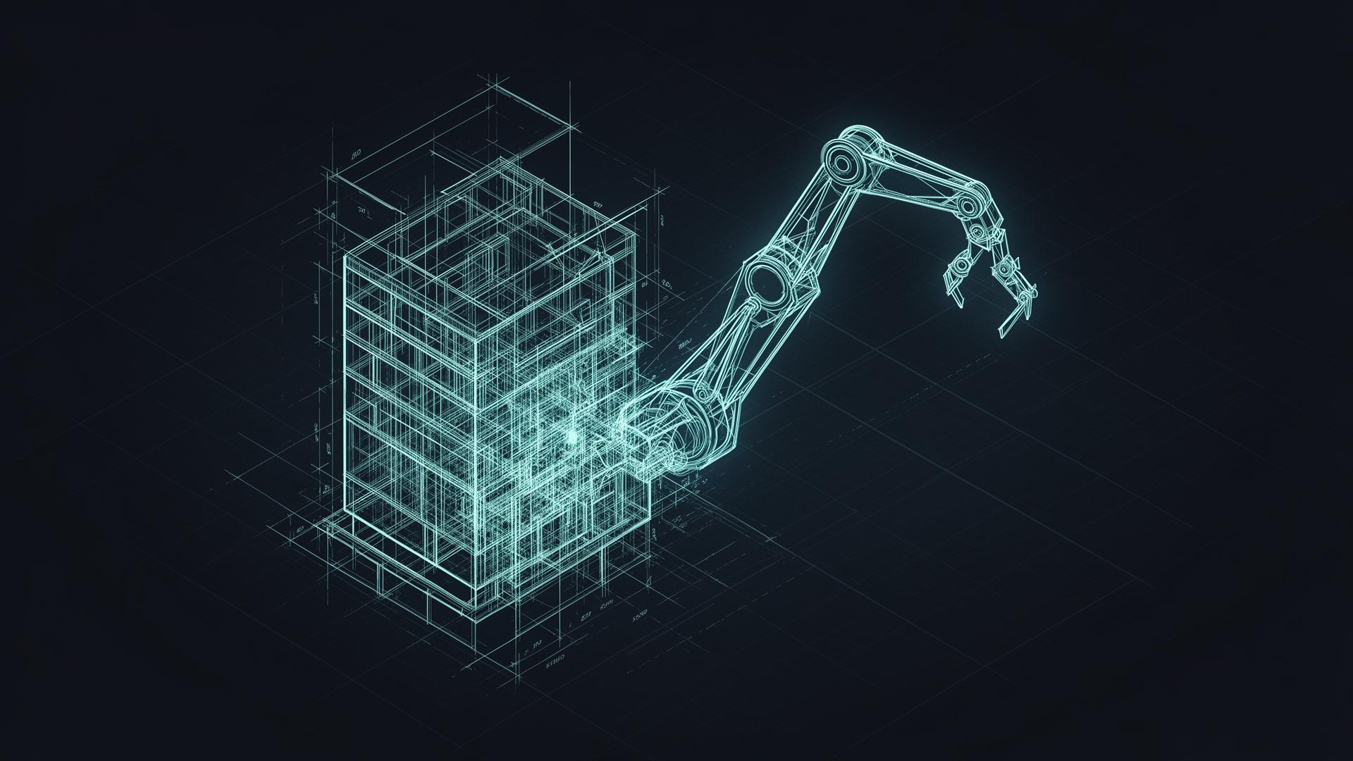 Wireframe blueprint of a building structure connected to a robotic arm